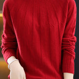 Vertical striped mock neck long-sleeved knitted sweater