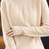 Vertical striped mock neck long-sleeved knitted sweater