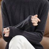 Vertical striped mock neck long-sleeved knitted sweater