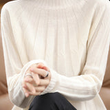 Vertical striped mock neck long-sleeved knitted sweater