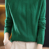 Vertical striped mock neck long-sleeved knitted sweater