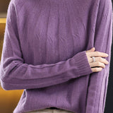 Vertical striped mock neck long-sleeved knitted sweater