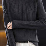 Vertical striped mock neck long-sleeved knitted sweater