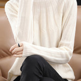 Vertical striped mock neck long-sleeved knitted sweater