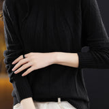 Vertical striped mock neck long-sleeved knitted sweater