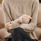 Vertical striped mock neck long-sleeved knitted sweater