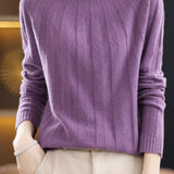 Vertical striped mock neck long-sleeved knitted sweater