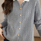 Shirt collar cable-knit cardigan