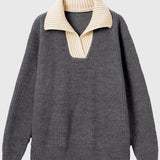 Lapel color-blocked knitted sweater