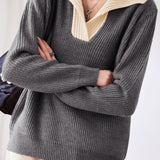 Lapel color-blocked knitted sweater