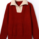 Lapel color-blocked knitted sweater