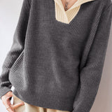 Lapel color-blocked knitted sweater