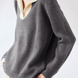 Lapel color-blocked knitted sweater