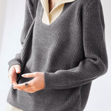 Lapel color-blocked knitted sweater