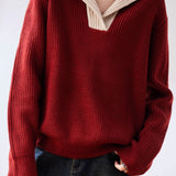 Lapel color-blocked knitted sweater