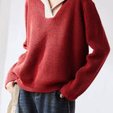 Lapel color-blocked knitted sweater