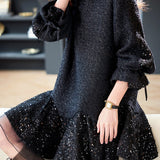 Round-neck mesh sequin spliced dress