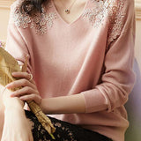 Lace and pearl V-neck sweater