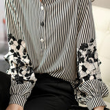 Striped lantern-sleeve shirt that is slimming and all-match