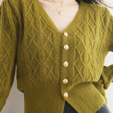 French vintage cable-knit V-neck cardigan sweater coat