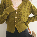 French vintage cable-knit V-neck cardigan sweater coat