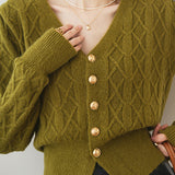 French vintage cable-knit V-neck cardigan sweater coat