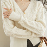 French vintage cable-knit V-neck cardigan sweater coat