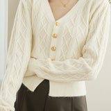 French vintage cable-knit V-neck cardigan sweater coat