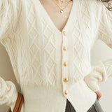 French vintage cable-knit V-neck cardigan sweater coat