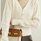 French vintage cable-knit V-neck cardigan sweater coat