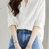 Cut-out embroidered solid-color shirt