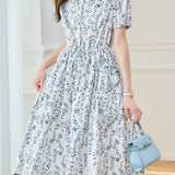 Round-neck floral mid-length dress