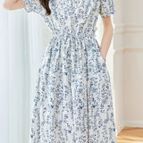 Round-neck floral mid-length dress