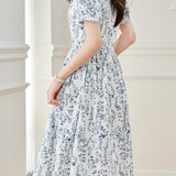 Round-neck floral mid-length dress