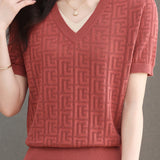 Color-blocked Knitted V-neck T-shirt