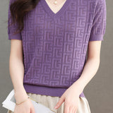 Color-blocked Knitted V-neck T-shirt