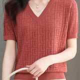 Color-blocked Knitted V-neck T-shirt