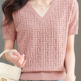 Color-blocked Knitted V-neck T-shirt