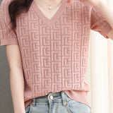 Color-blocked Knitted V-neck T-shirt