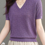 Color-blocked Knitted V-neck T-shirt