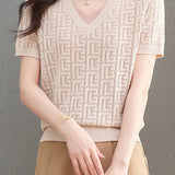 Color-blocked Knitted V-neck T-shirt