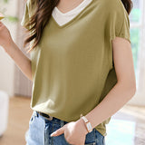 Fake Two-piece Color-blocked V-neck T-shirt