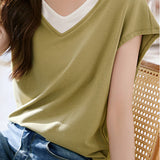 Fake Two-piece Color-blocked V-neck T-shirt