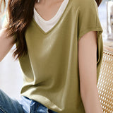 Fake Two-piece Color-blocked V-neck T-shirt