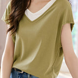 Fake Two-piece Color-blocked V-neck T-shirt