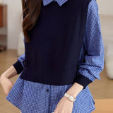 Checked Fake Two-piece Knitted Shirt