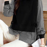 Checked Fake Two-piece Knitted Shirt