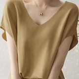 Solid - colored V - neck Knitted T - shirt