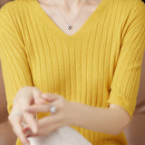 Solid Color V-neck Knitted T-shirt