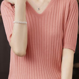 Solid Color V-neck Knitted T-shirt